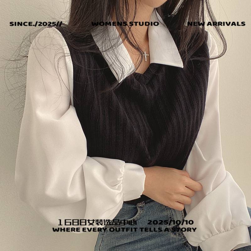 汕头市汇鹏服装法式复古时尚针织假两件拼接短款衬衫女秋季泡泡袖