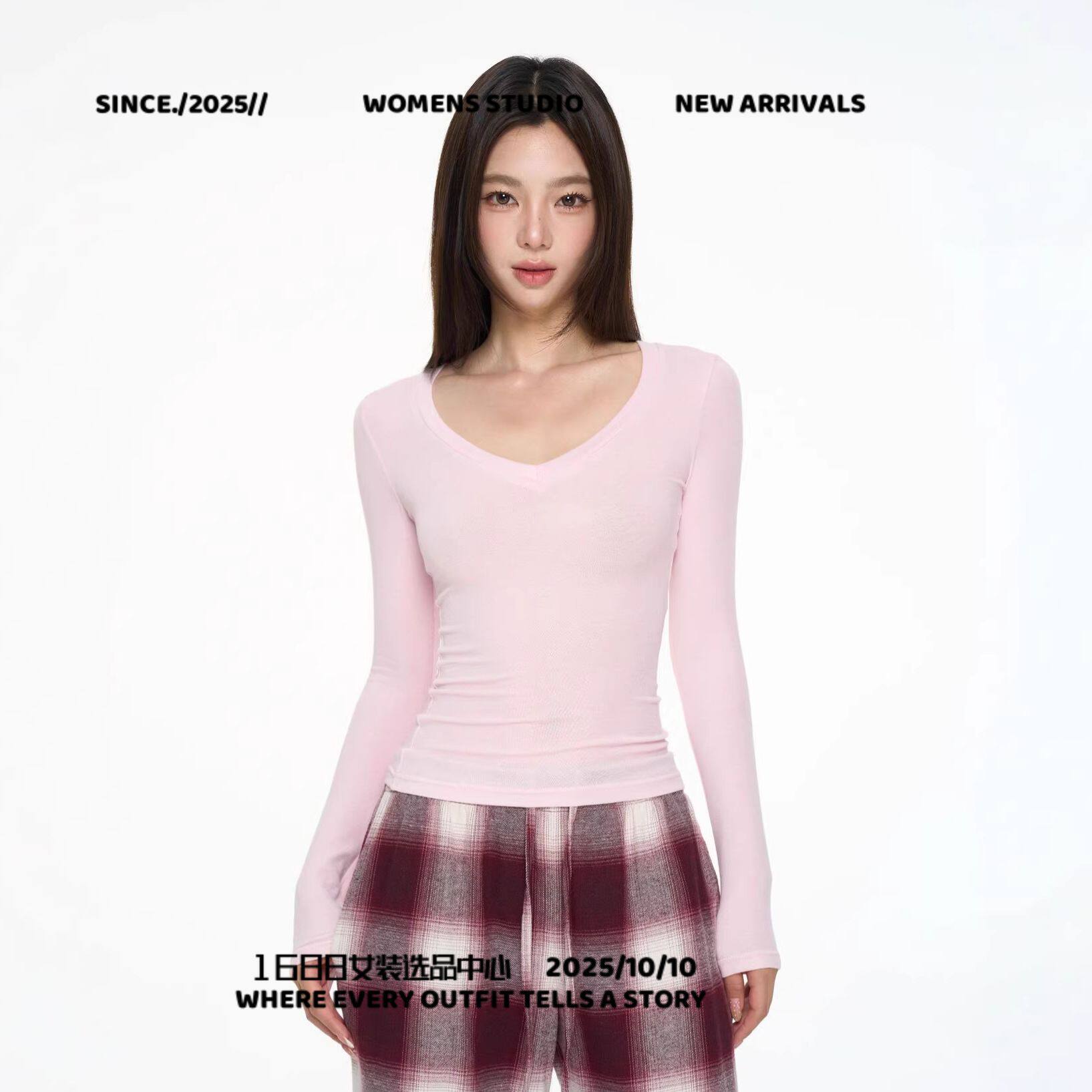广东东莞虎门女装尔长袖恤女修身上衣春秋设计感内搭显瘦百搭领长
