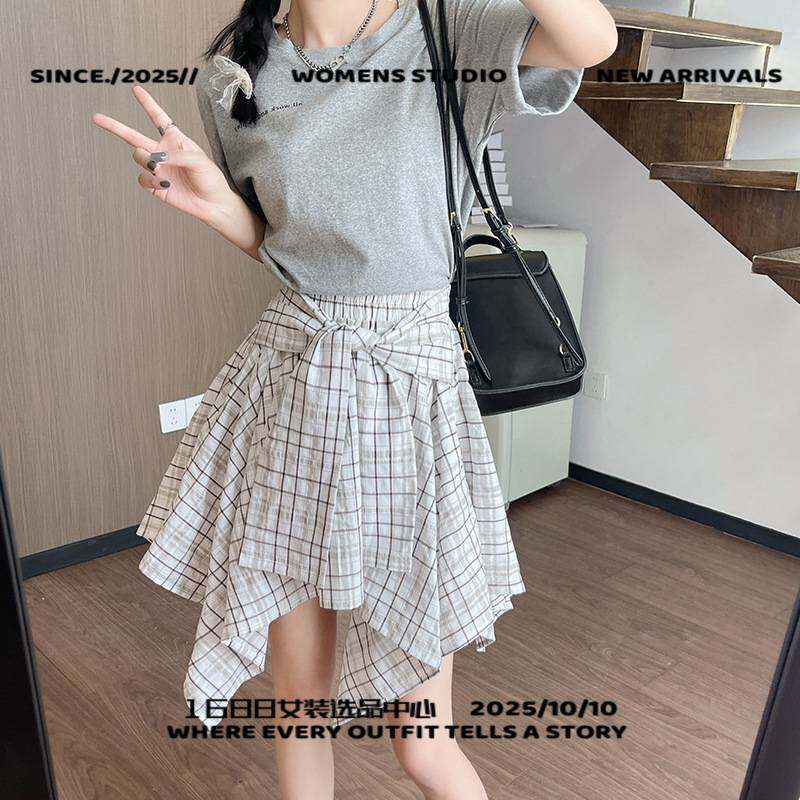 中山市木木服饰不规则格子半身裙女夏季新款显瘦复古字裙子有内衬