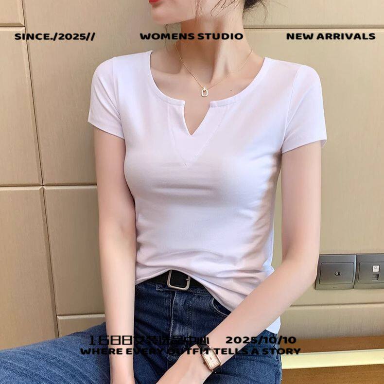 杭州四季青女装白色短袖恤女领设计感纯色简约恤低领短袖打底修身