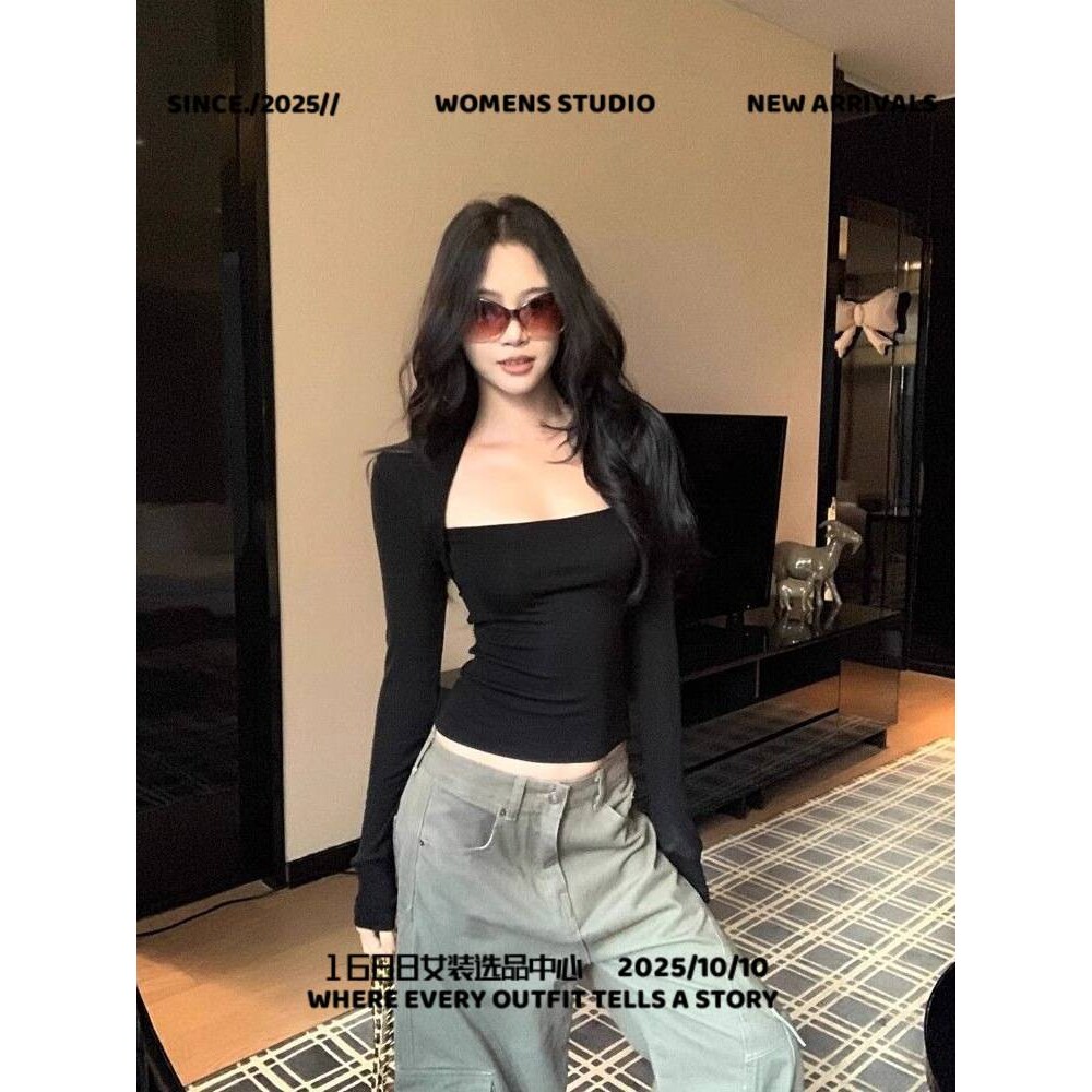 汕头市歌美茵服饰高级感纯黑色方领长袖恤女秋季内搭打底衫小个子