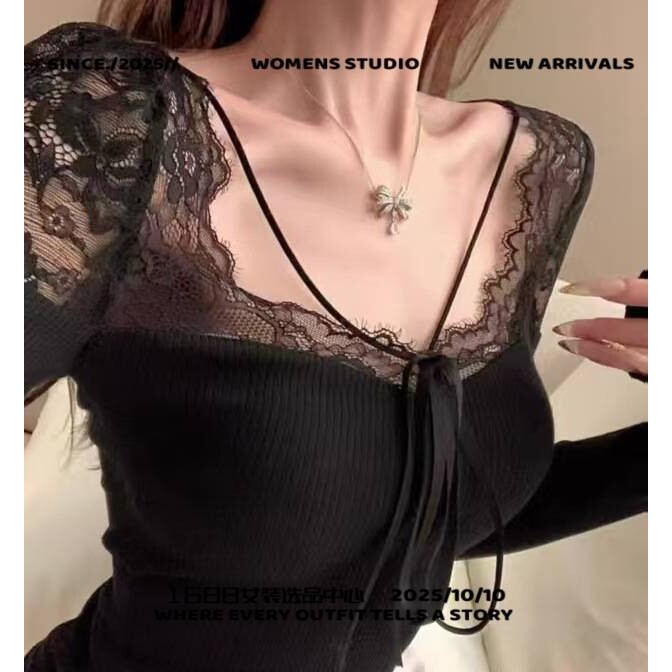 虎门服装批发市场女装人棉蕾丝长袖秋冬长袖恤蕾丝吊带背心上衣显