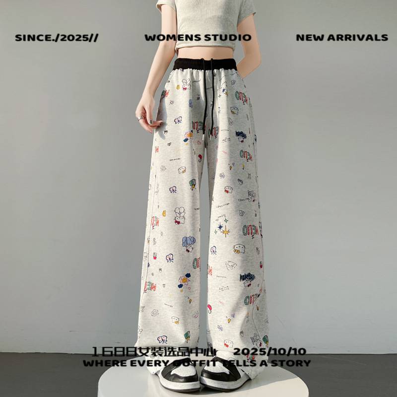 广东东莞虎门女装卡通手绘涂鸦卫裤女春款抽绳松紧腰弯刀裤慵懒宽