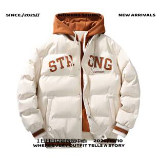 独登恒创服饰羽绒服假两件面包服男士秋冬季连帽加潮流时尚印花外