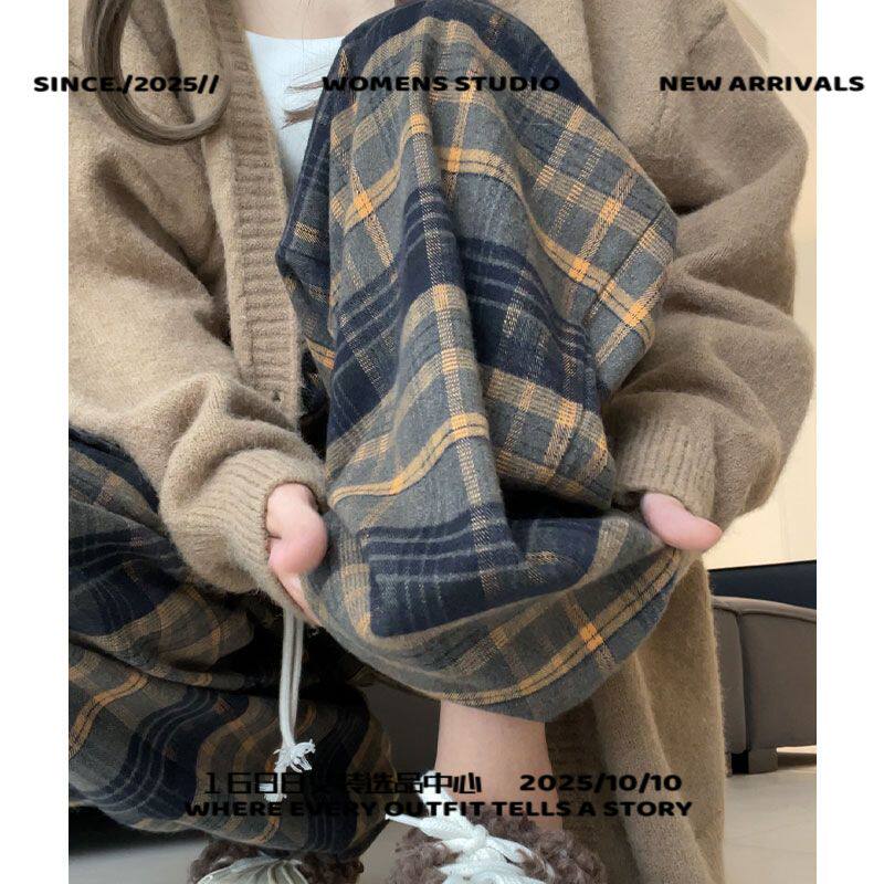 广州市泽创服饰黄色复古格子裤女裤子秋冬新款休闲高腰直筒裤显瘦