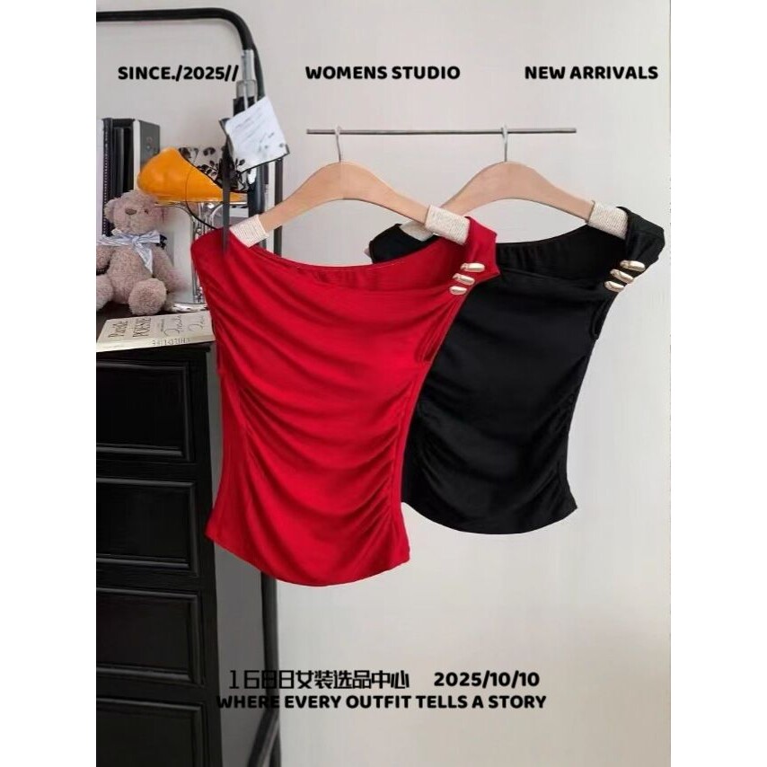 虎门精品女装条纹拼接无袖抹胸背心女带胸垫设计感一字领辣妹裹胸
