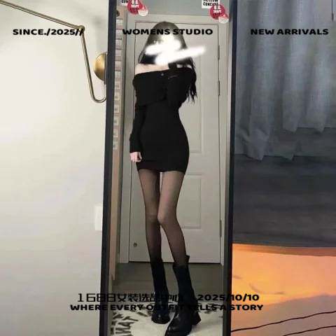 广州富雅服装秋款女装网红新款高级感长袖一字肩连衣裙红色包臀短