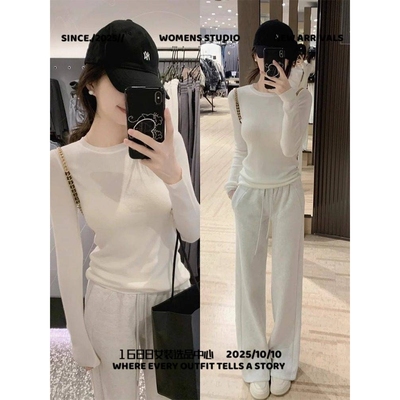 河南台前羽绒高充绒量新款正肩恤长袖圆领打底衫女士显瘦修身基础