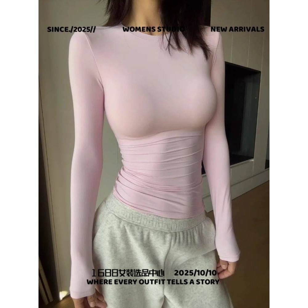 苏州东展服饰秋冬上衣女粉色修身长袖新正肩辣妹加绒小个子穿搭打,女装/女士精品,大码内搭,淘宝优惠券,粉丝福利购,淘宝优惠卷