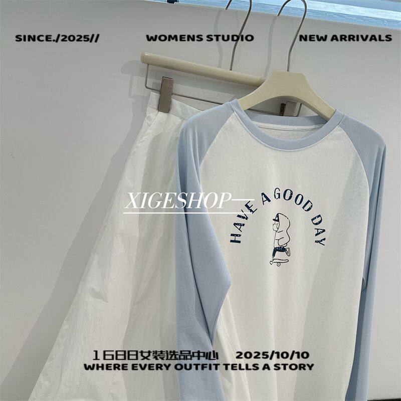 偏爱服饰广州市韩版卡通滑板印花长袖恤女雪花棉宽松插肩袖防晒上