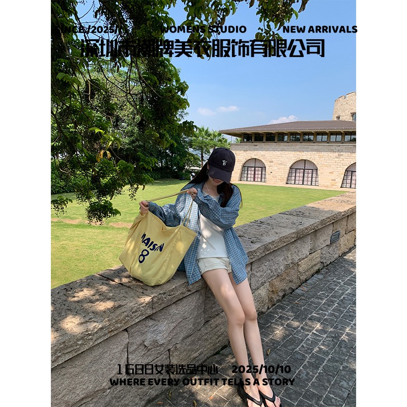 深圳市潮牌美衣服饰有限公司慵懒风休闲蓝色格子衬衫女早秋新款宽