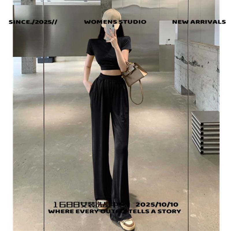 义乌市星菱服饰露背短袖恤女微喇休闲长裤拖地裤两件套女短款打底