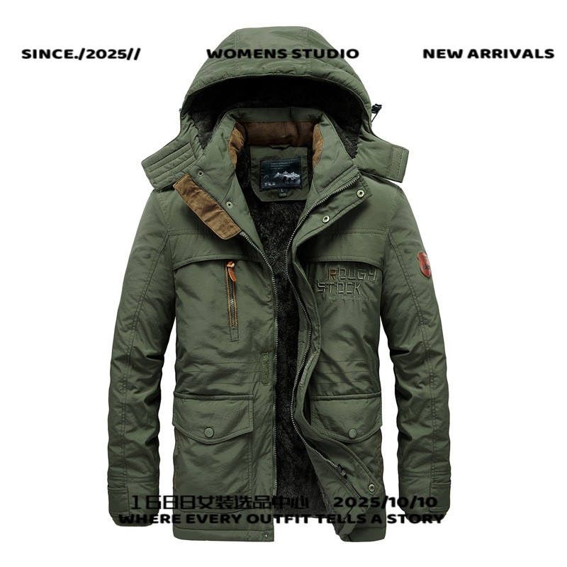 冬季男士加绒棉服中长款连帽棉衣潮男式休闲男士加厚大码外套