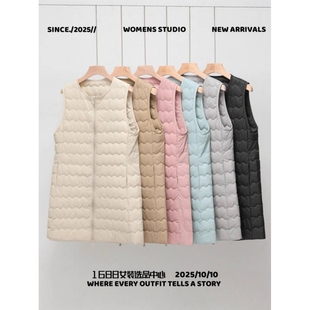 平湖耀炜羽绒服秋冬新款时尚连帽波浪中长款轻薄款女拉链马甲背心