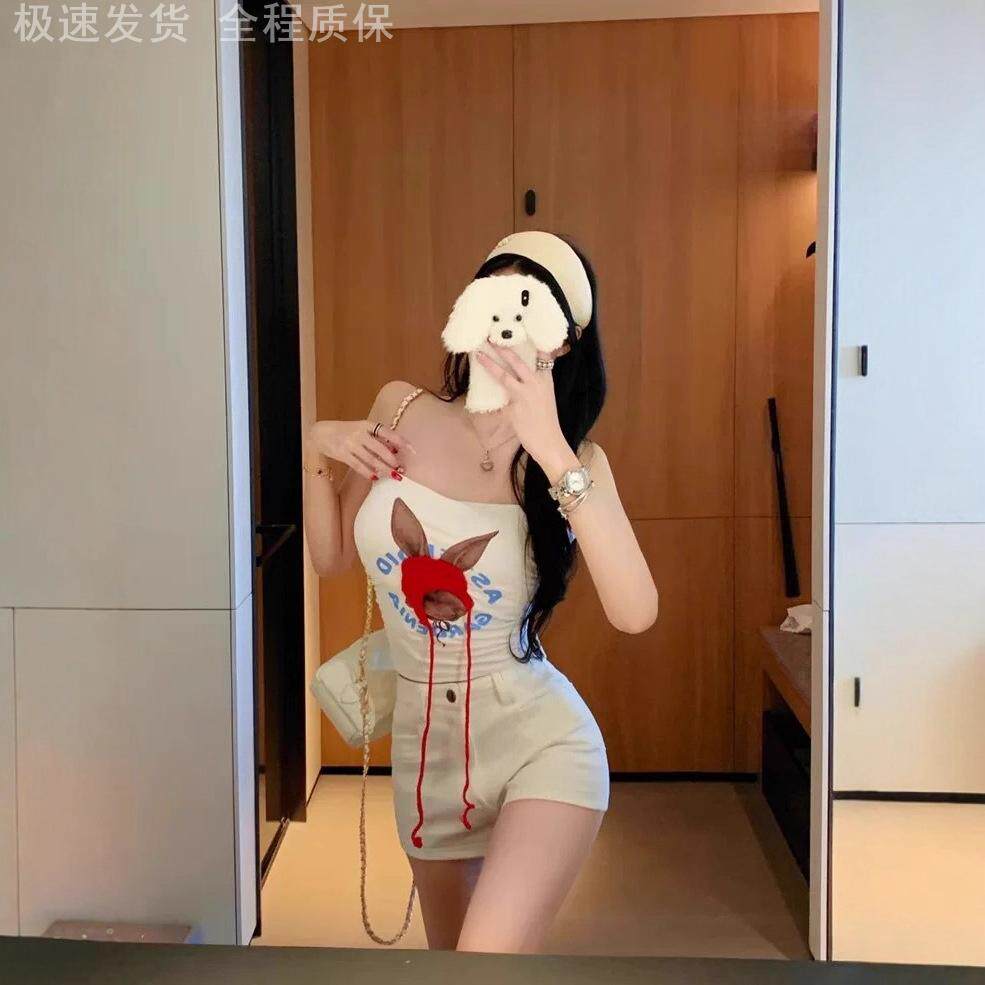 抹胸上衣高级感辣妹风褶皱印花背心夏季复古带胸垫飘带短款上衣