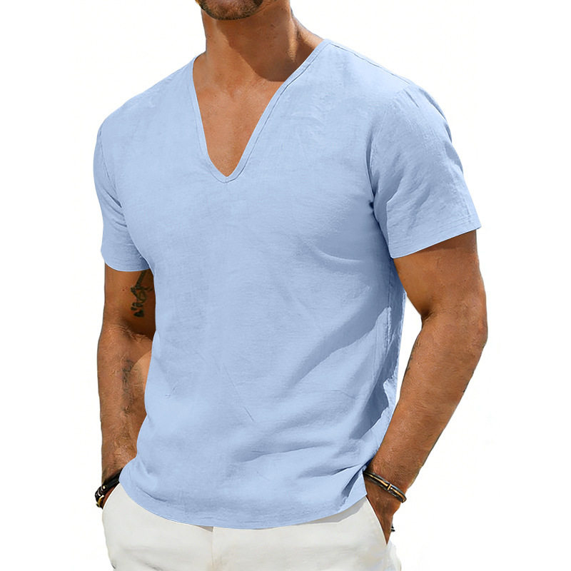 Men's casual V-neck linen short sleeved shirts 男v领短袖衬衫