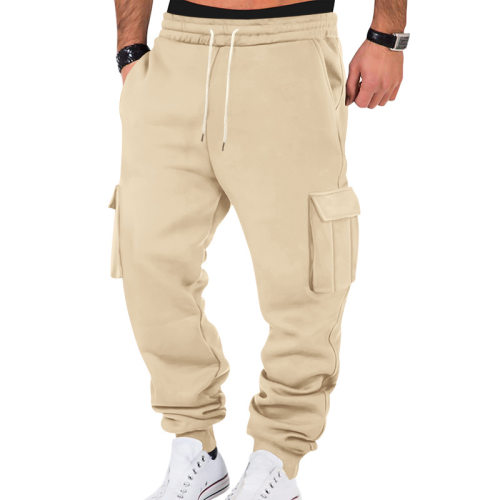 Men's winter fleece work pants pockets drawstring trousers