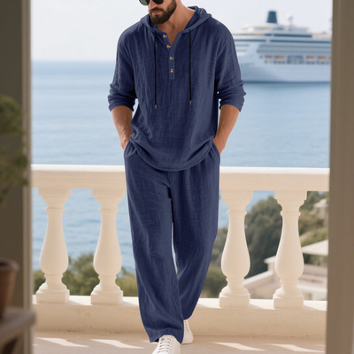 Men's solid loose long sleeve hoodie pants two-piece set套装