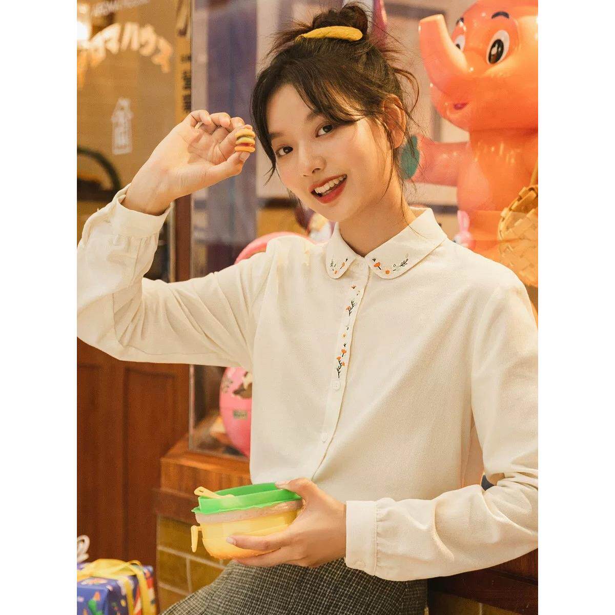 衬衫女外穿百搭2026年春季新款可爱绣花衬衣纯棉灯芯绒长袖上衣