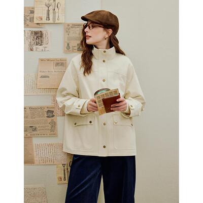 复古简约立领格纹工装夹克女2026年春季新款百搭纯棉宽松风衣外套