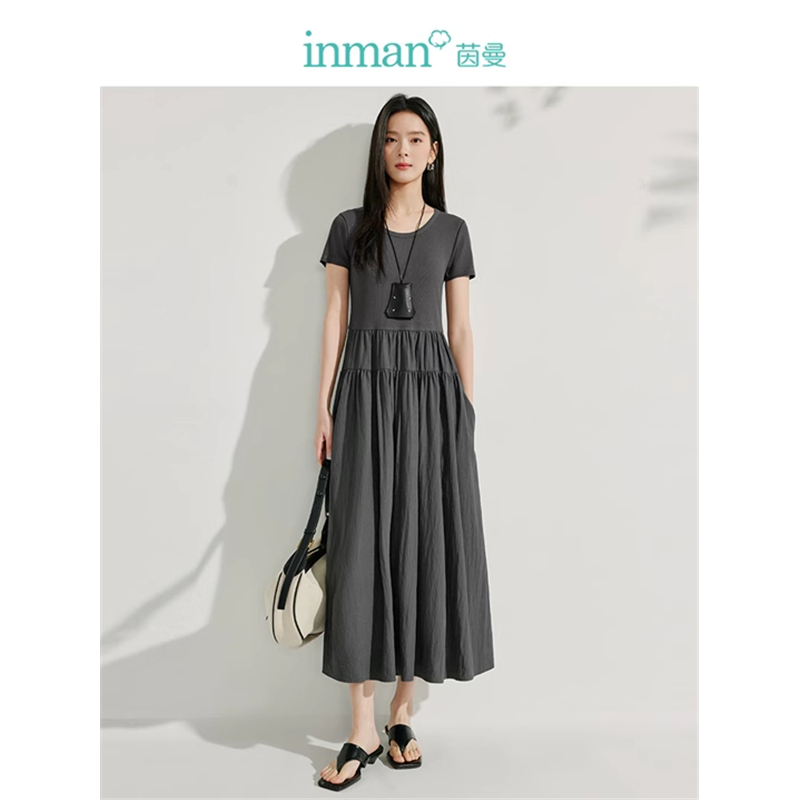 茵曼通勤针织拼接连衣裙女2025年夏季新款设计感层次感打底长裙子
