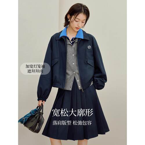 日系复古翻领夹克外套女2026年春新款休闲百搭通勤好看宽松短上衣