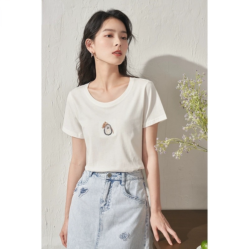 夏季圆领刺绣显瘦纯棉T恤女款
