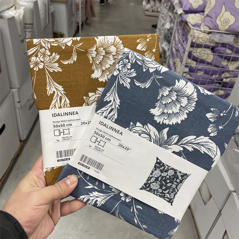 IKEA宜家 伊达涅 抱枕套沙发靠垫套纯棉材质花卉图案床头靠垫方形