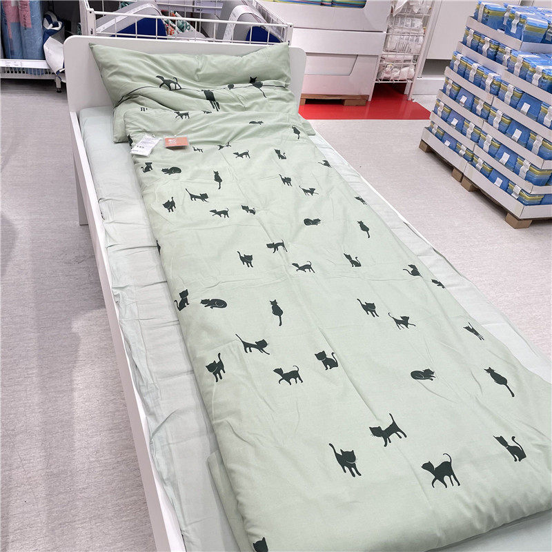 IKEA宜家 巴恩德吕姆 儿童被套绿色可爱猫咪图案单人宿舍150x200