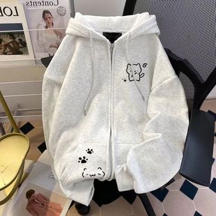 男女童可爱卡通小猫印花开衫卫衣秋冬加绒拉链上衣宽松慵懒风外套