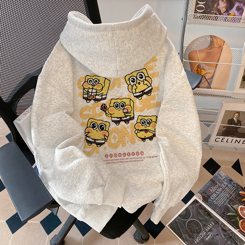 女童海绵宝宝连帽卫衣2025新款中大童宽松慵懒风冬季加绒长袖上衣