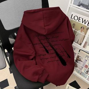 女童潮牌酒红色宽松纯棉连帽卫衣2026新年儿童秋冬加绒帽衫上衣服