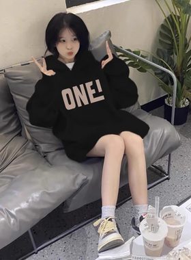 女童潮酷字母印花卫衣连帽中大童秋冬韩版炸街ins网红加绒上衣服