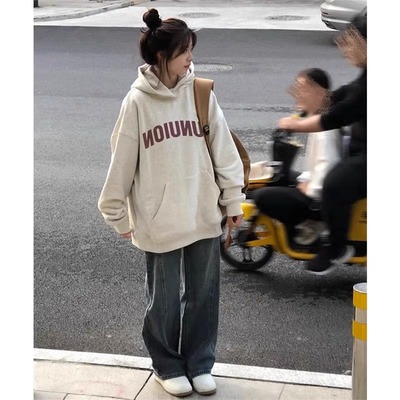 女童秋款卫衣连帽2025秋冬新款韩版字母印花初中学生休闲加绒上衣