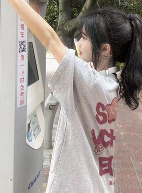 女童夏季新款纯棉短袖T恤花灰色中大童学院风小众宽松半袖上衣潮