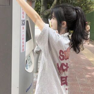 女童夏季新款纯棉短袖T恤花灰色中大童学院风小众宽松半袖上衣潮
