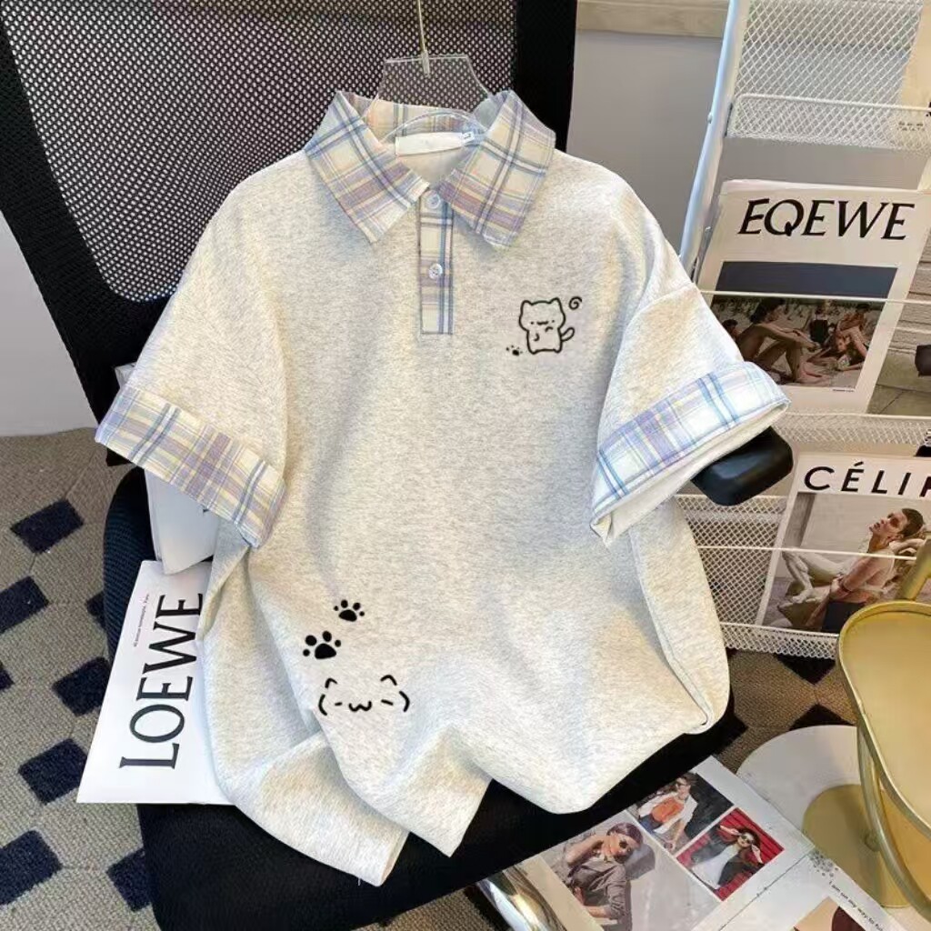 女童夏季Polo衫短袖T恤2026新款中大童卡通猫咪印花洋气纯棉上衣