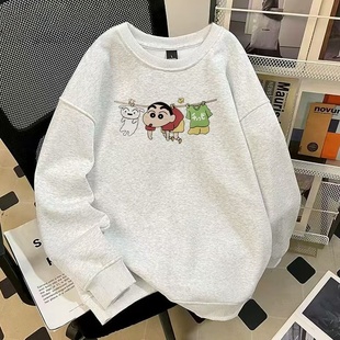 男童日系卡通白灰色纯棉圆领卫衣2026秋冬加绒中大童宽松潮酷上衣