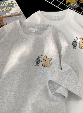 女童韩范慵懒风白灰色纯棉短袖T恤夏季中大儿童女孩卡通印花上衣