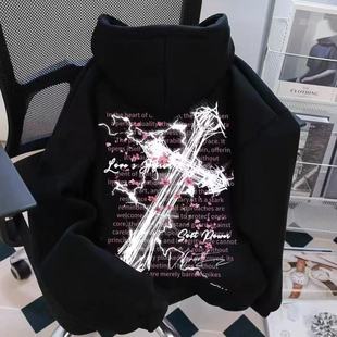 男童美式高街十字架印花连帽卫衣中大童秋冬新款痞帅宽松加绒外套