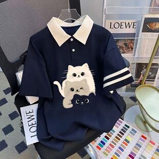 女童学院风POLO领条纹短袖T恤儿童卡通猫咪印花藏青色上衣夏季