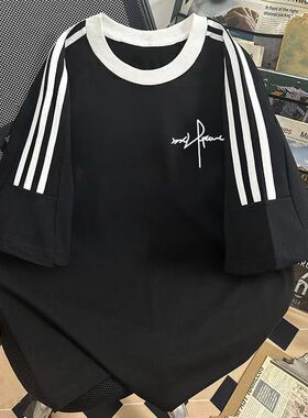 女童美式三条杠纯棉短袖T恤2026夏季新款中大童学生潮牌宽松上衣