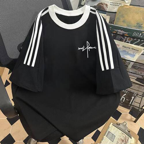 女童美式三条杠纯棉短袖T恤2026夏季新款中大童学生潮牌宽松上衣