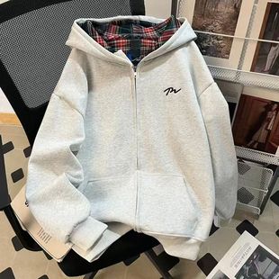 女童春秋刺绣图案外套大童秋冬新款纯棉格子拼接开衫拉链连帽卫衣