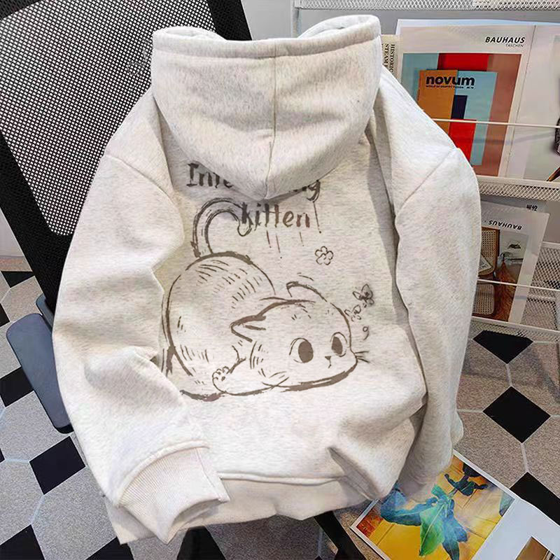 男童卡通猫咪连帽卫衣女童春秋冬新款日系可爱中大童加绒帽衫外套