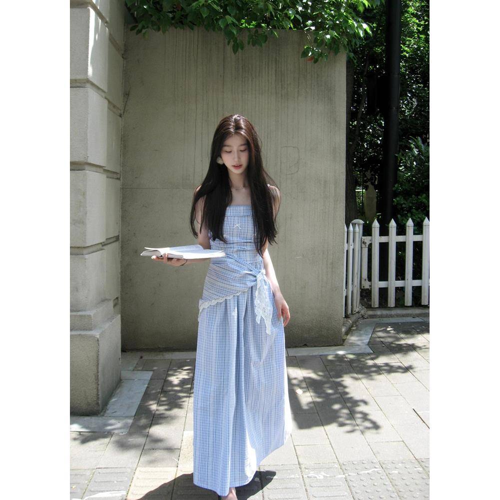 蓝色格纹蕾丝抹胸连衣裙女夏季法式浪漫气质高级感可拆卸吊带长裙