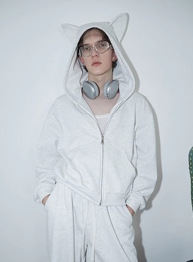 ASSEEN 长袖狗耳朵卫衣 重磅复合杂花白色针织面料 明星同款