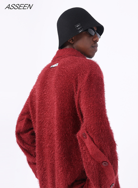 ASSEEN设计师原创新年弧线门襟酒红色毛绒翻领套头毛衣王鹤棣同款