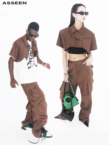 ASSEEN潮牌超短款垫肩短袖夹克