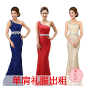 时尚 晚礼服单肩鱼尾蕾丝新娘结婚敬酒服修身 长款 演出租 租赁